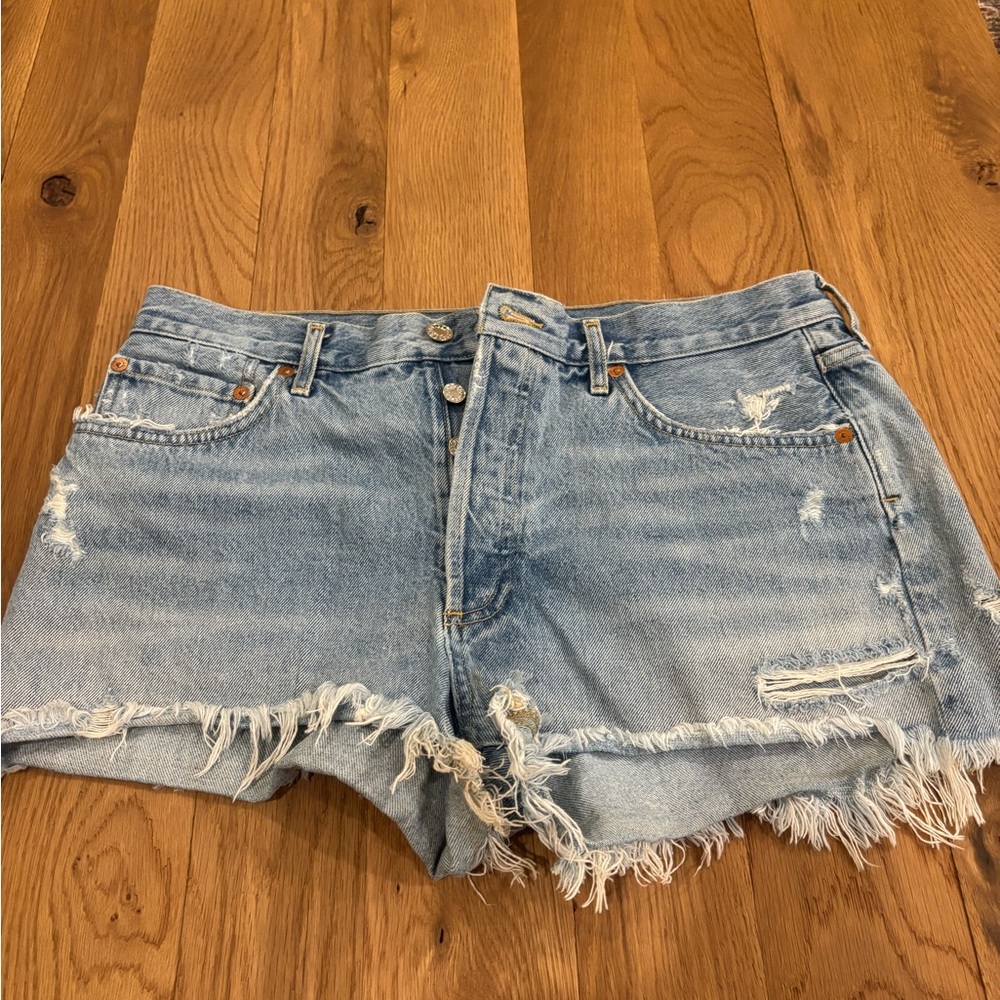Agolde Blue Jean Shorts Distressed Frayed Hem